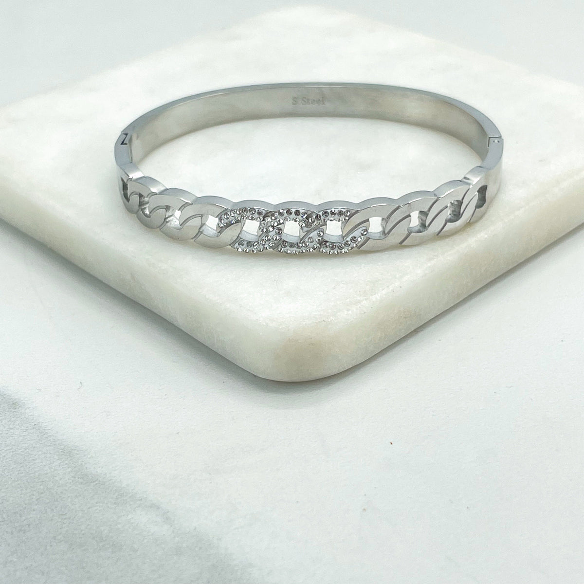 Stainless Steel Gold or Silver Plated With Micro Cubic Zirconia, Links Front Design, Bangle Bracelet, Wholesale Jewelry Making Supplies