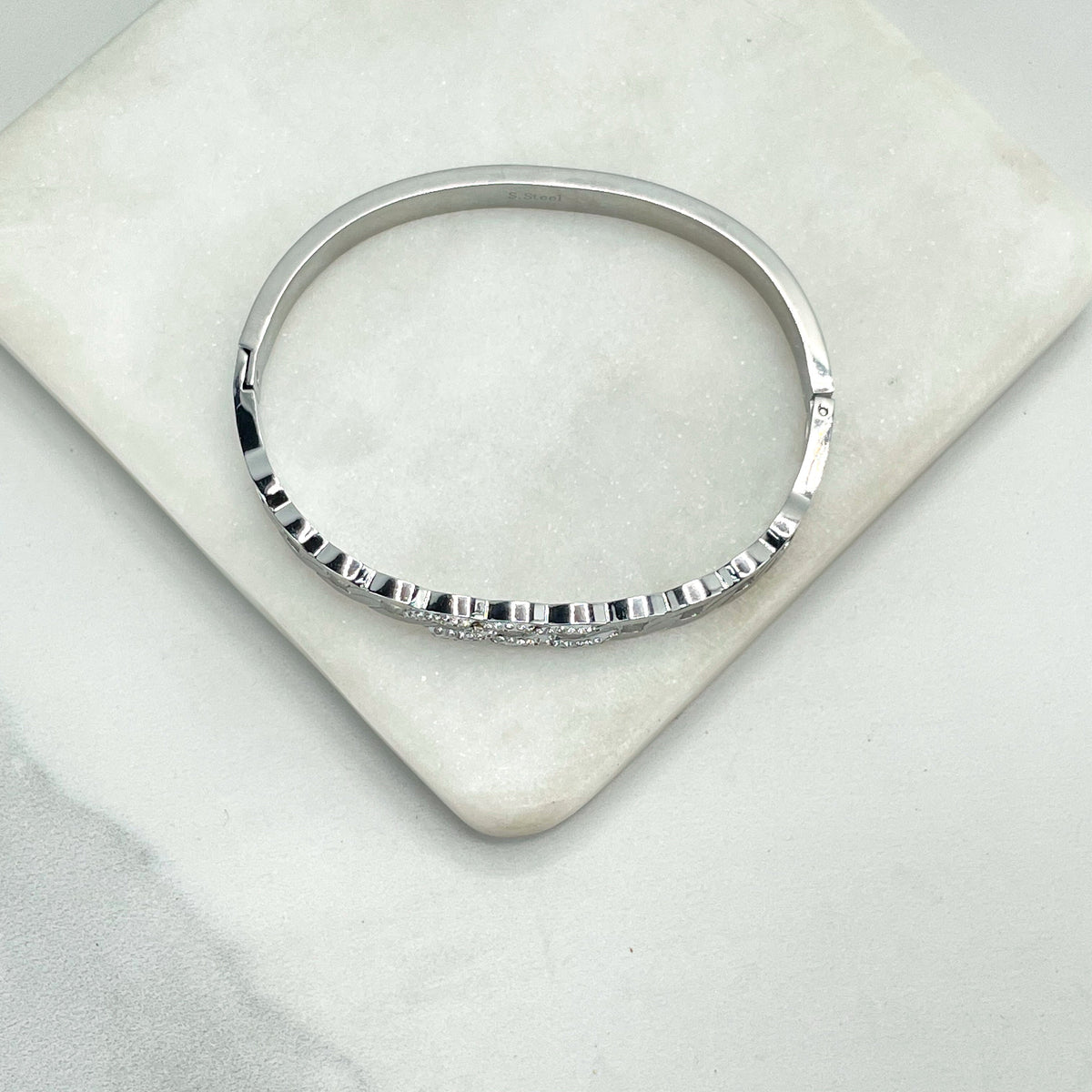 Stainless Steel Gold or Silver Plated With Micro Cubic Zirconia, Links Front Design, Bangle Bracelet, Wholesale Jewelry Making Supplies