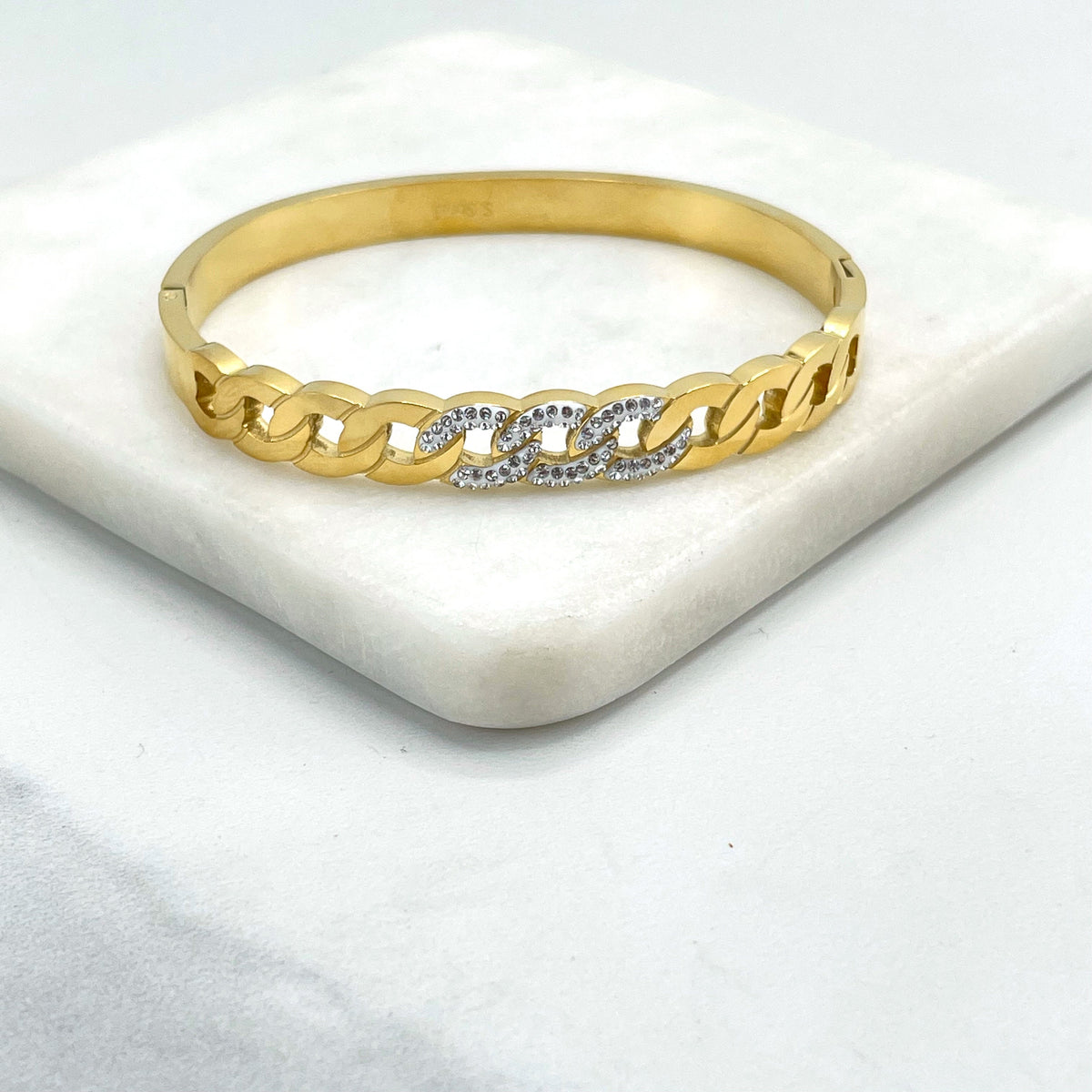 Stainless Steel Gold or Silver Plated With Micro Cubic Zirconia, Links Front Design, Bangle Bracelet, Wholesale Jewelry Making Supplies