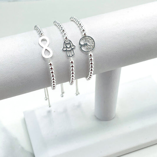 925 Sterling Silver 1mm Box Chain & Beads Bracelets, Infinity, Hansa Hand or Three of Life Charms, Stamped 925, Wholesale Jewelry Supplies