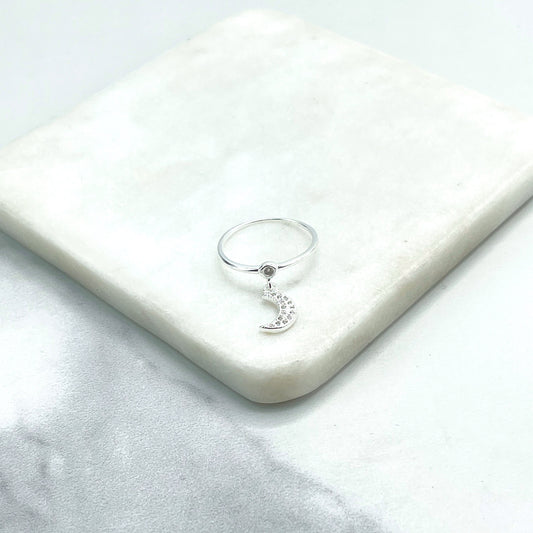 925 Sterling Silver Clear Micro Cubic Zirconia Dangle Half Moon Charm Ring Stamped 925, Wholesale Jewelry Making Supplies