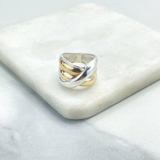 925 Sterling Silver Two Tone Crisscross Ring, Size 7, Stamped 925, Wholesale Jewelry Making Supplies