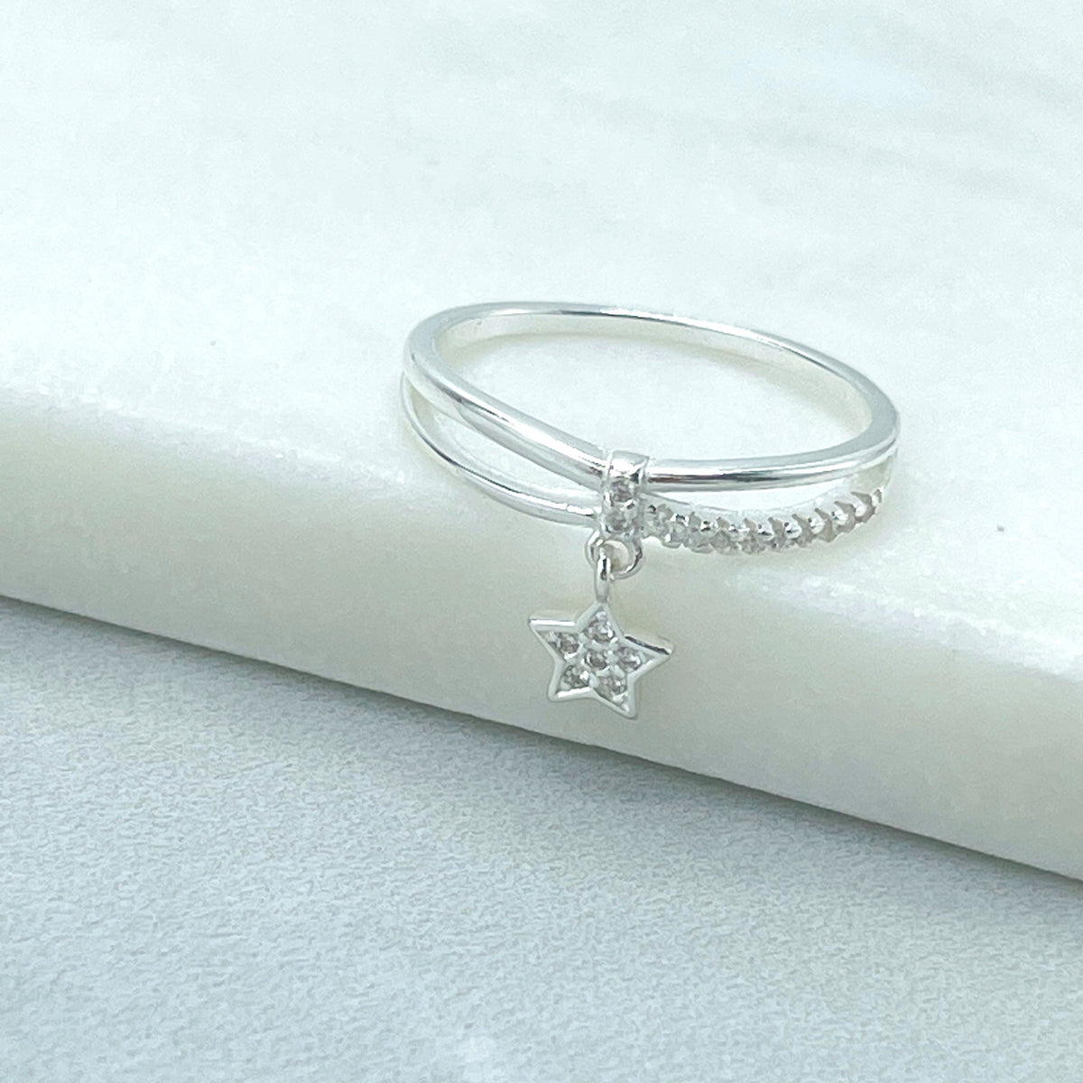 925 Sterling Silver Two Layers Simulated Stackable with CZ and Dangle Star Charms, Stamped 925, Wholesale Jewelry Making Supplies