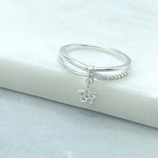 925 Sterling Silver Two Layers Simulated Stackable with CZ and Dangle Star Charms, Stamped 925, Wholesale Jewelry Making Supplies