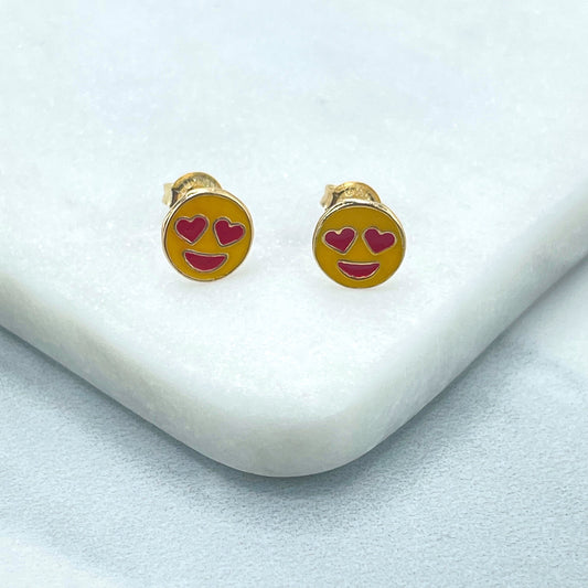 18k Gold Filled Colored Enamel Fall In Love Emoji Icon, Falling in Love Heart Emoji Stud Earrings, Wholesale Jewelry Making Supplies