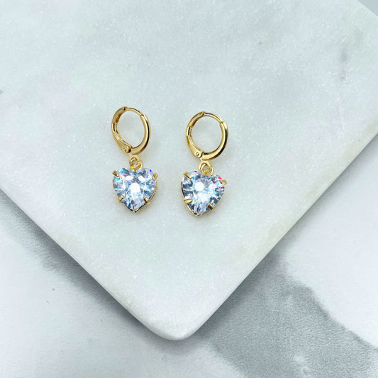 18k Gold Filled Huggie Earrings with Dangle Clear Cubic Zirconia Heart Shape Charms, Wholesale Jewelry Making Supplies
