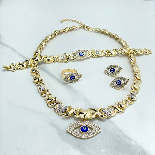 18k Gold Filled Cubic Zirconia Details, XoXo Hug & Kisses Chain Shape SET with Blue Evil Eyes Charms, 04 Pieces, Wholesale Jewelry Supplies