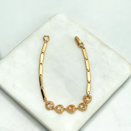 18k Gold Filled Amber Color Heart Shape Cubic Zirconia Linked Charms Rectangular Chain Bracelet, Wholesale Jewelry Making Supplies