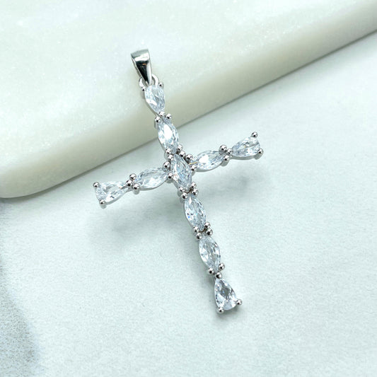 925 Sterling Silver Clear Cubic Zirconia Cross Shape Pendant Charm, Tears Zirconias Shape, Wholesale Jewelry Making Supplies