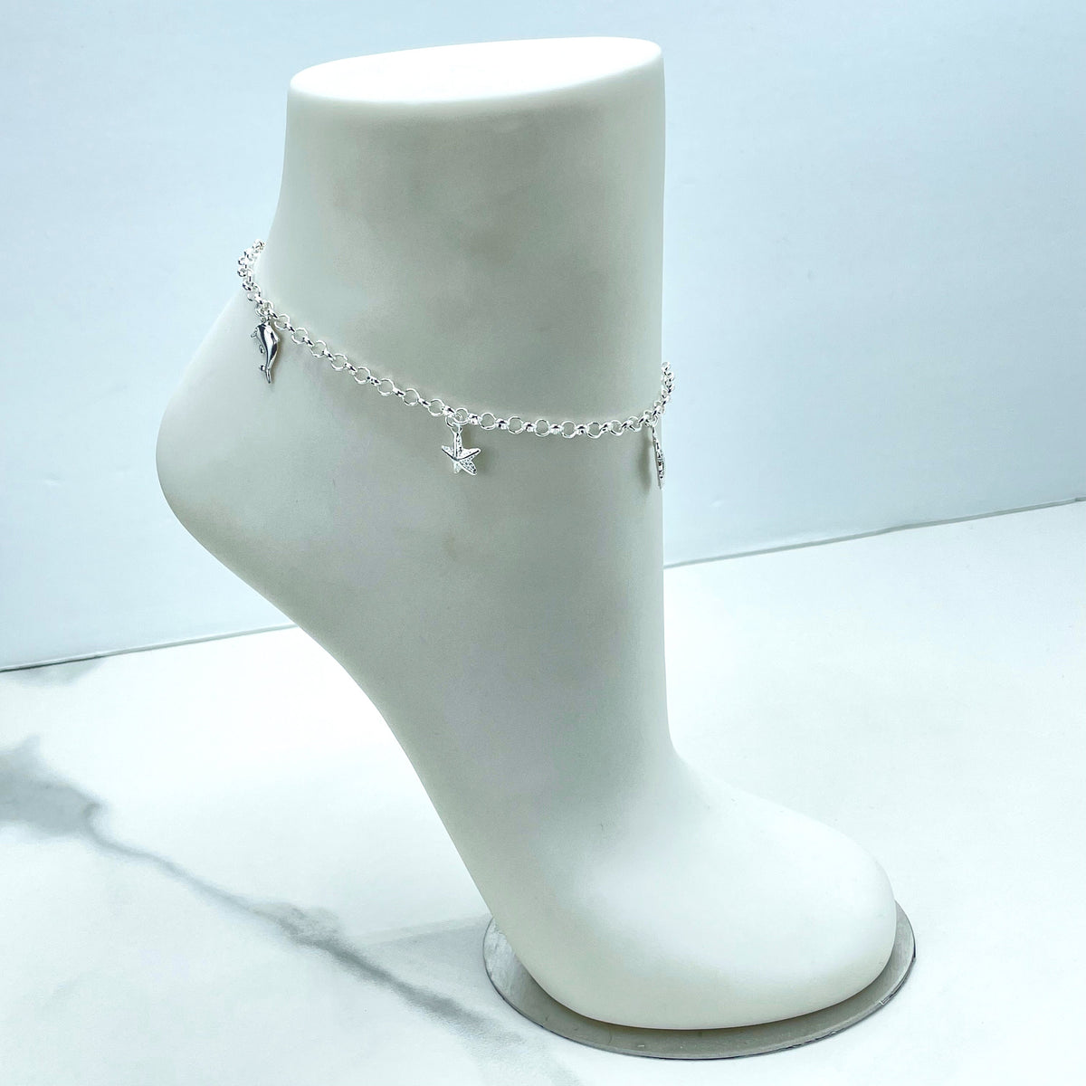 925 Sterling Silver 3mm Rolo Chain, Dangle Starfish, Dolphin, Shell, Seahorse, Snail Charms Maritime Anklet, Wholesale Jewelry Supplies