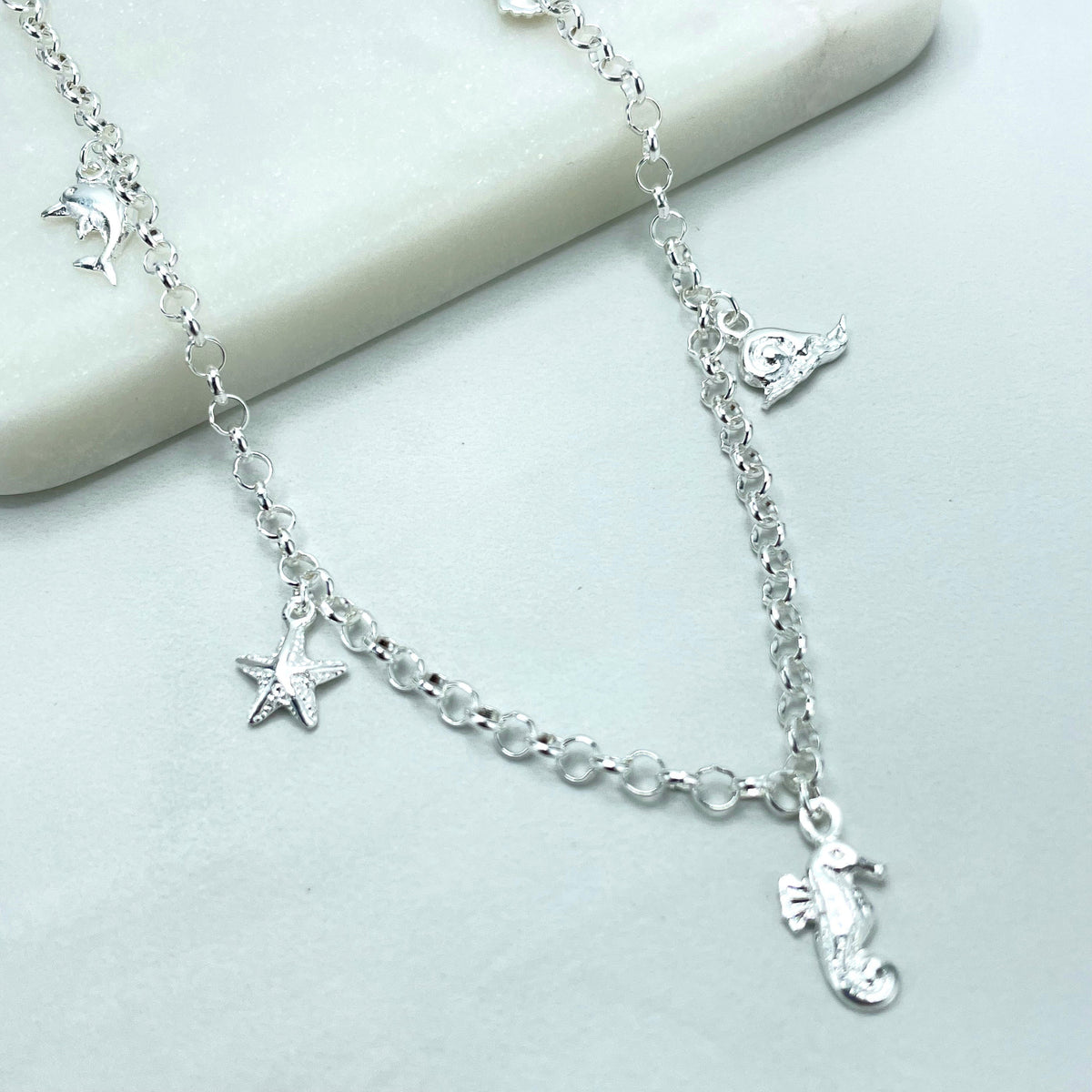 925 Sterling Silver 3mm Rolo Chain, Dangle Starfish, Dolphin, Shell, Seahorse, Snail Charms Maritime Anklet, Wholesale Jewelry Supplies