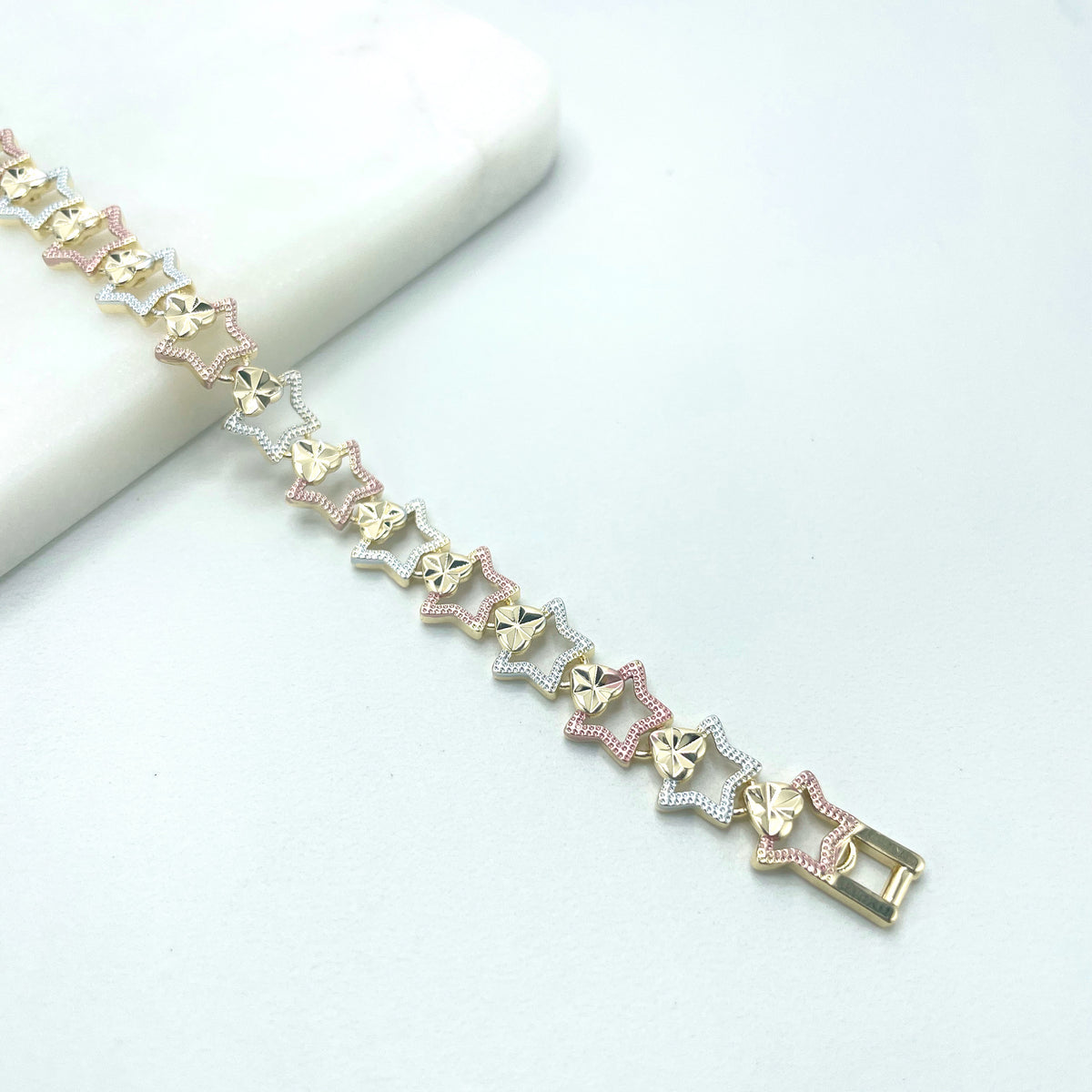 18k Gold Filled Three Tone (Gold, Silver Rose Gold) Stars Linked Chain Bracelet, Wholesale Jewelry Making Supplies