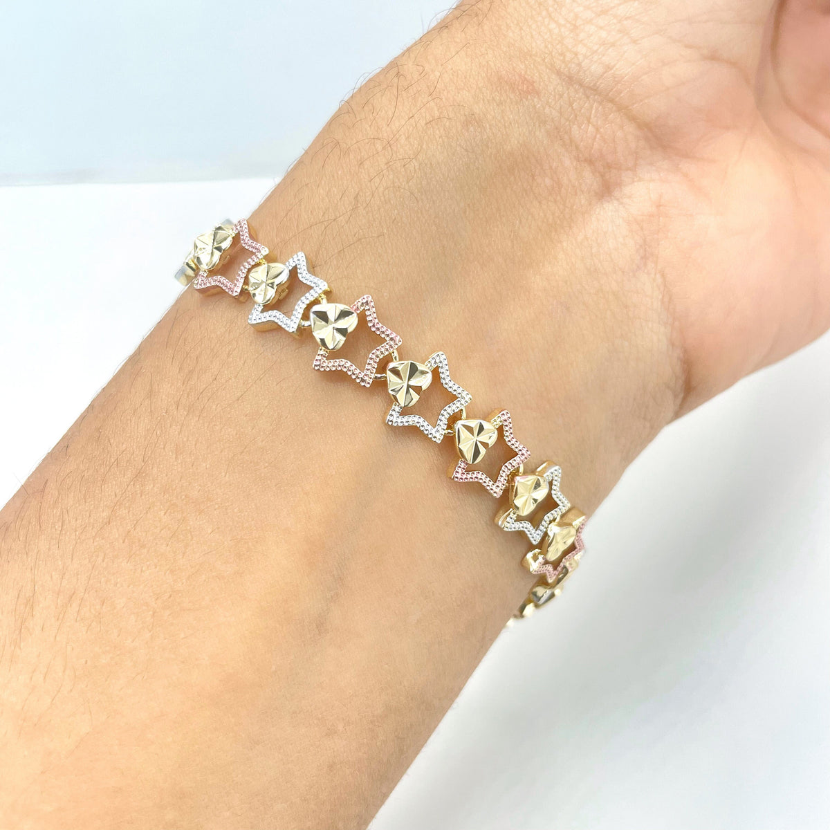 18k Gold Filled Three Tone (Gold, Silver Rose Gold) Stars Linked Chain Bracelet, Wholesale Jewelry Making Supplies
