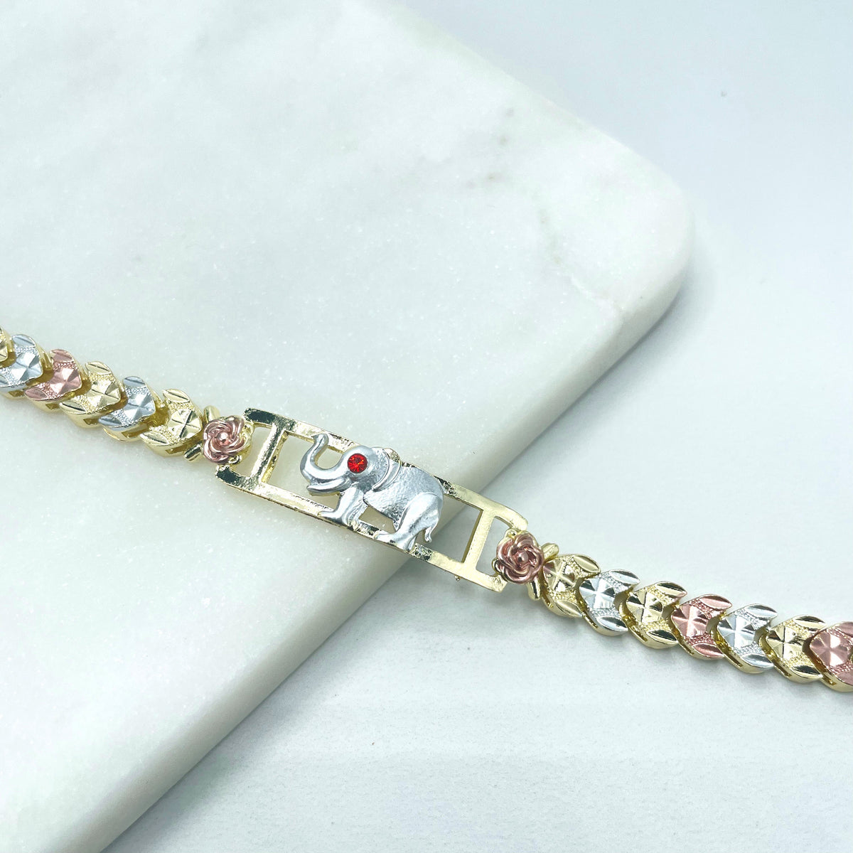 18k Gold Filled Three Tone (Gold, Silver Rose Gold) Roses & Hearts Linked Chain with Elephant ID Charm Bracelet, Wholesale Jewelry Supplies