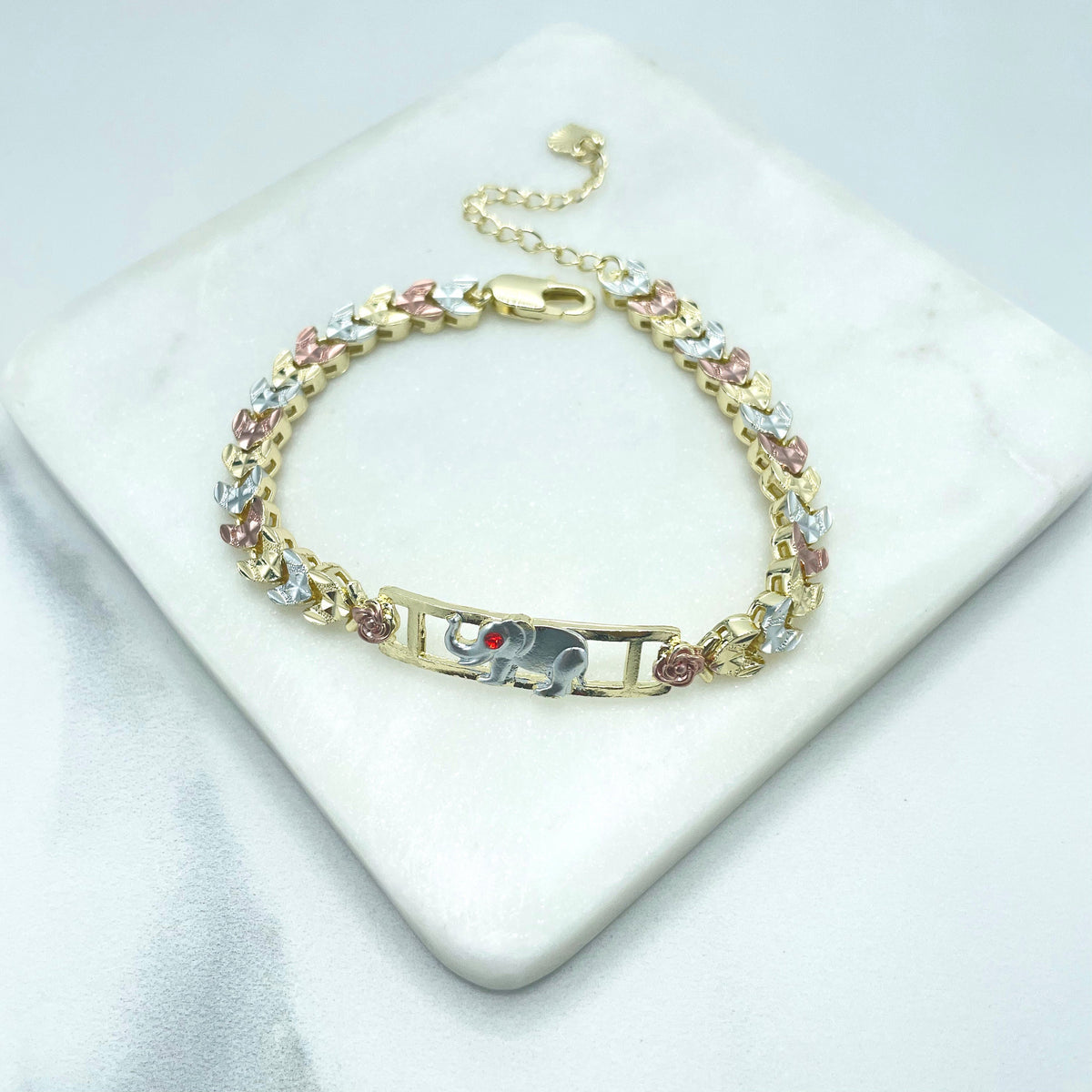 18k Gold Filled Three Tone (Gold, Silver Rose Gold) Roses & Hearts Linked Chain with Elephant ID Charm Bracelet, Wholesale Jewelry Supplies