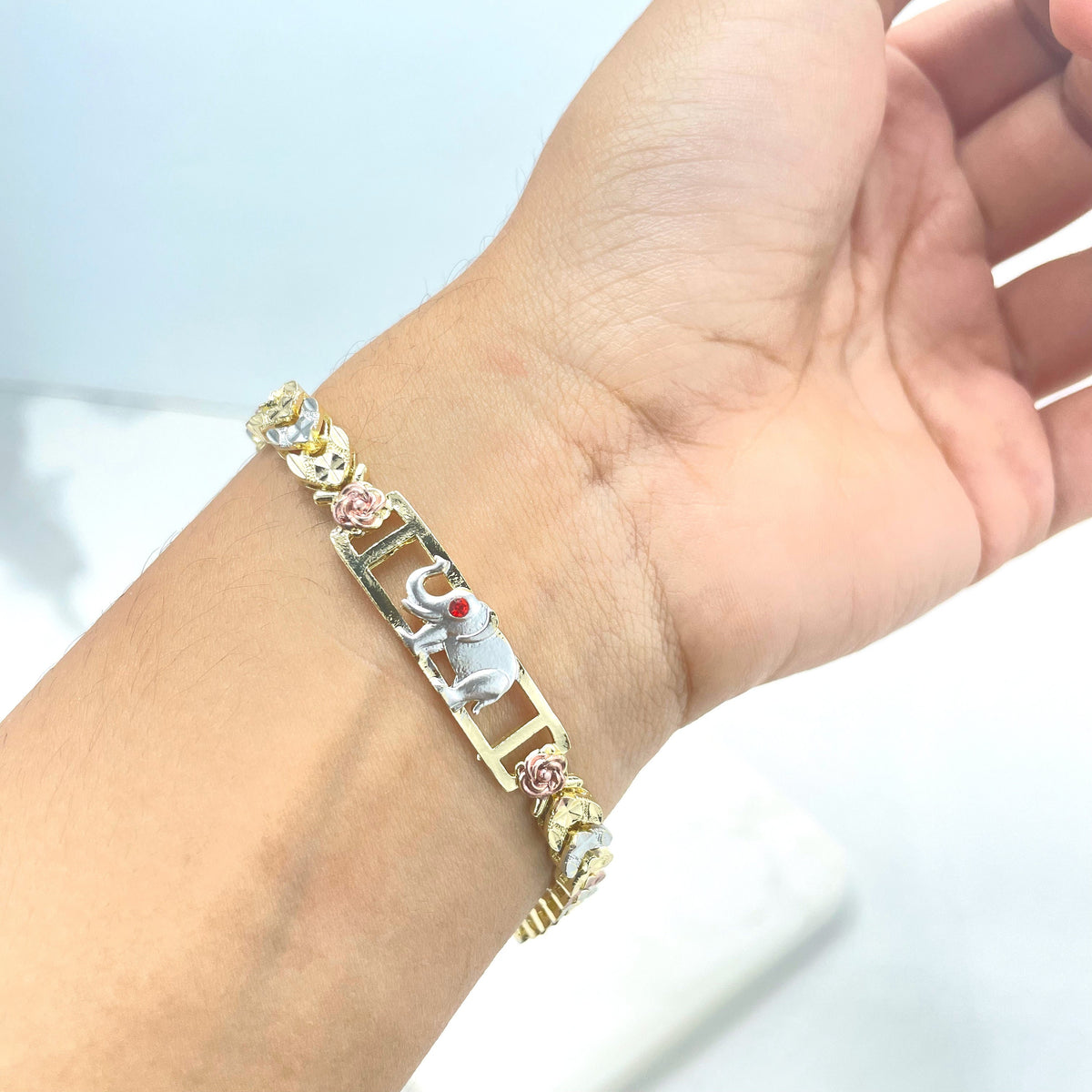 18k Gold Filled Three Tone (Gold, Silver Rose Gold) Roses & Hearts Linked Chain with Elephant ID Charm Bracelet, Wholesale Jewelry Supplies