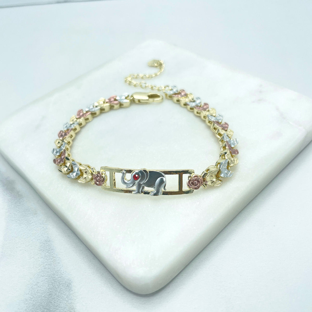 18k Gold Filled Three Tone (Gold, Silver Rose Gold) Roses & Hearts Linked Chain with Elephant ID Charm Bracelet, Wholesale Jewelry Supplies