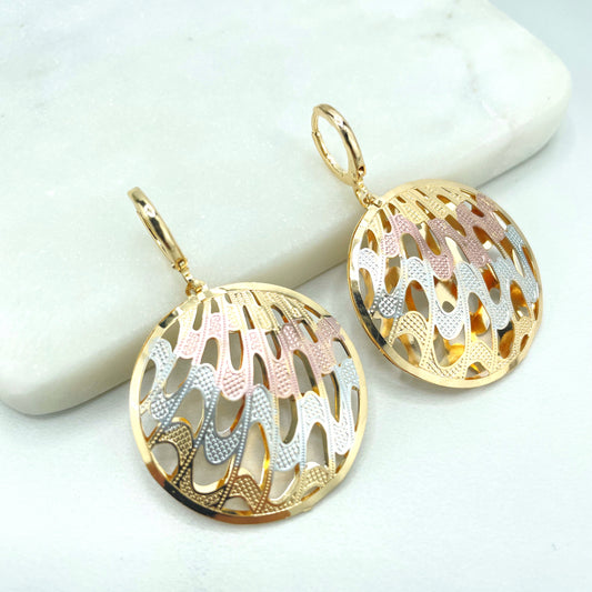 18k Gold Filled Three Tone (Gold, Silver Rose Gold) Cutout Waves Circle Shape Earrings, Wholesale Jewelry Making Supplies