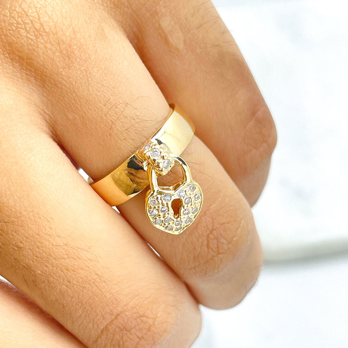 18k Gold Filled Clear Cubic Zirconia Dangle Heart Shape Lock Charm Ring, Wholesale Jewelry Making Supplies