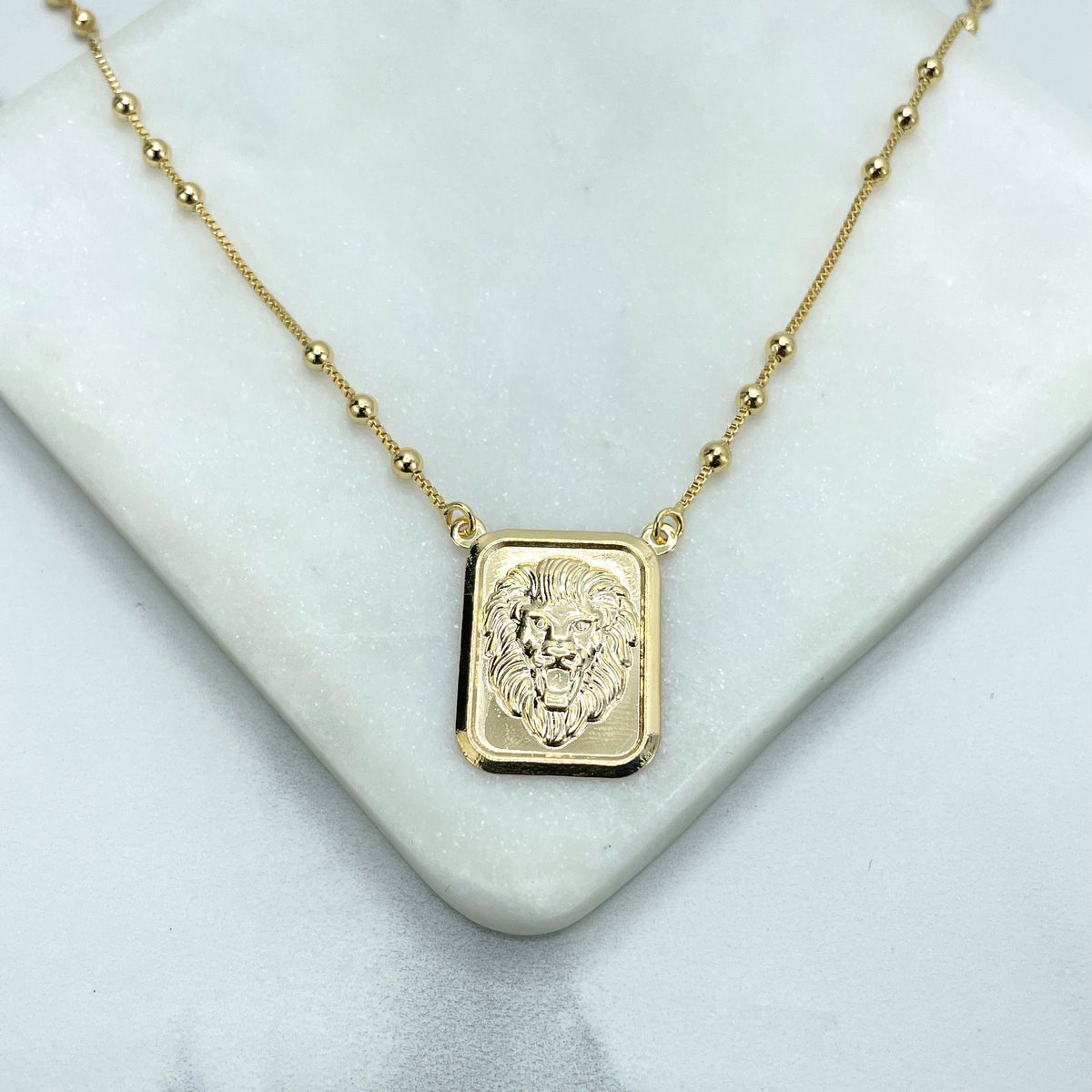 18k Gold Filled 1mm Box Chain with Gold Beads and Rectangular Medal & Puffed Lion Head Charm Necklace, Wholesale Jewelry Making Supplies