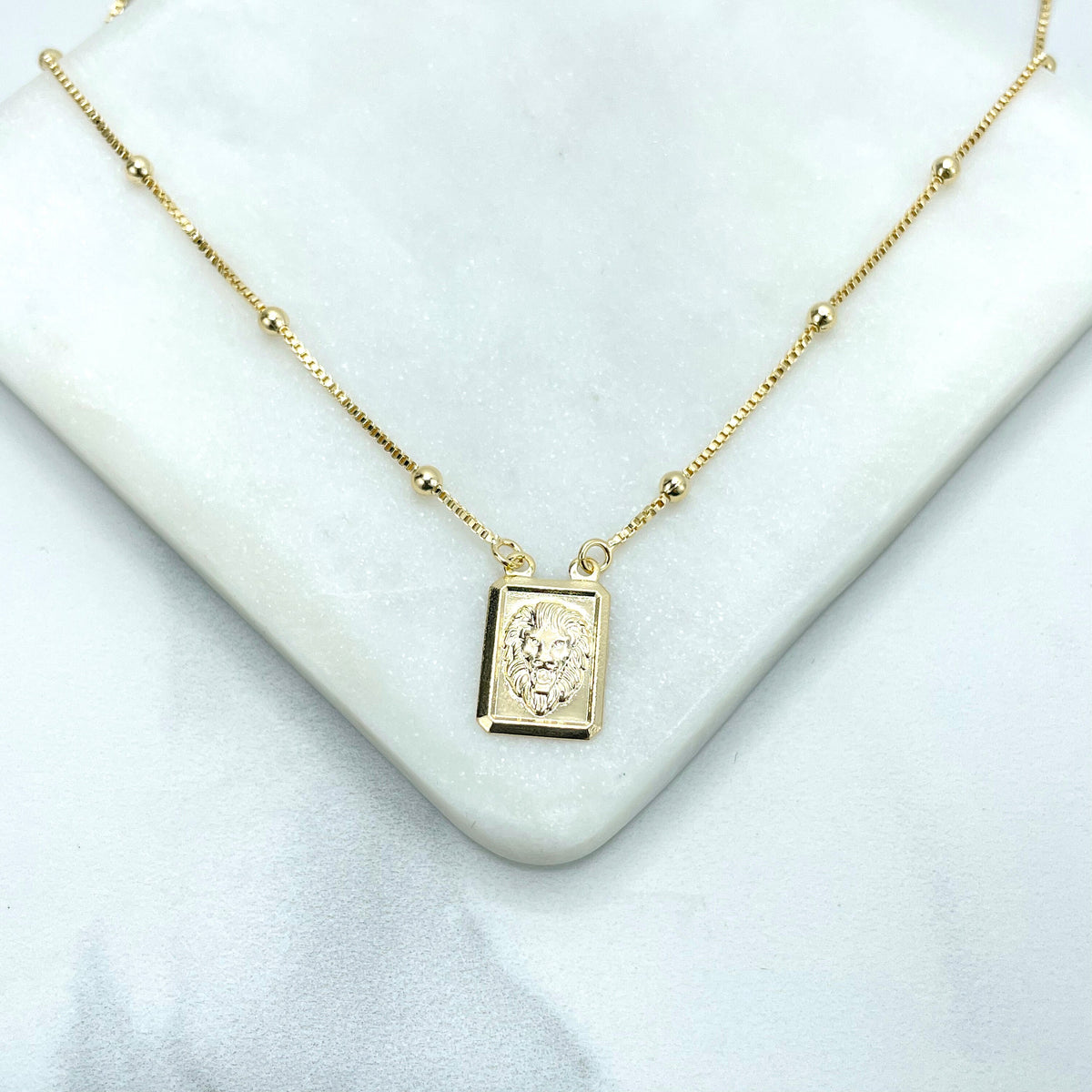 18k Gold Filled 1mm Box Chain with Gold Beads and Rectangular Medal & Puffed Lion Head Charm Necklace, Wholesale Jewelry Making Supplies