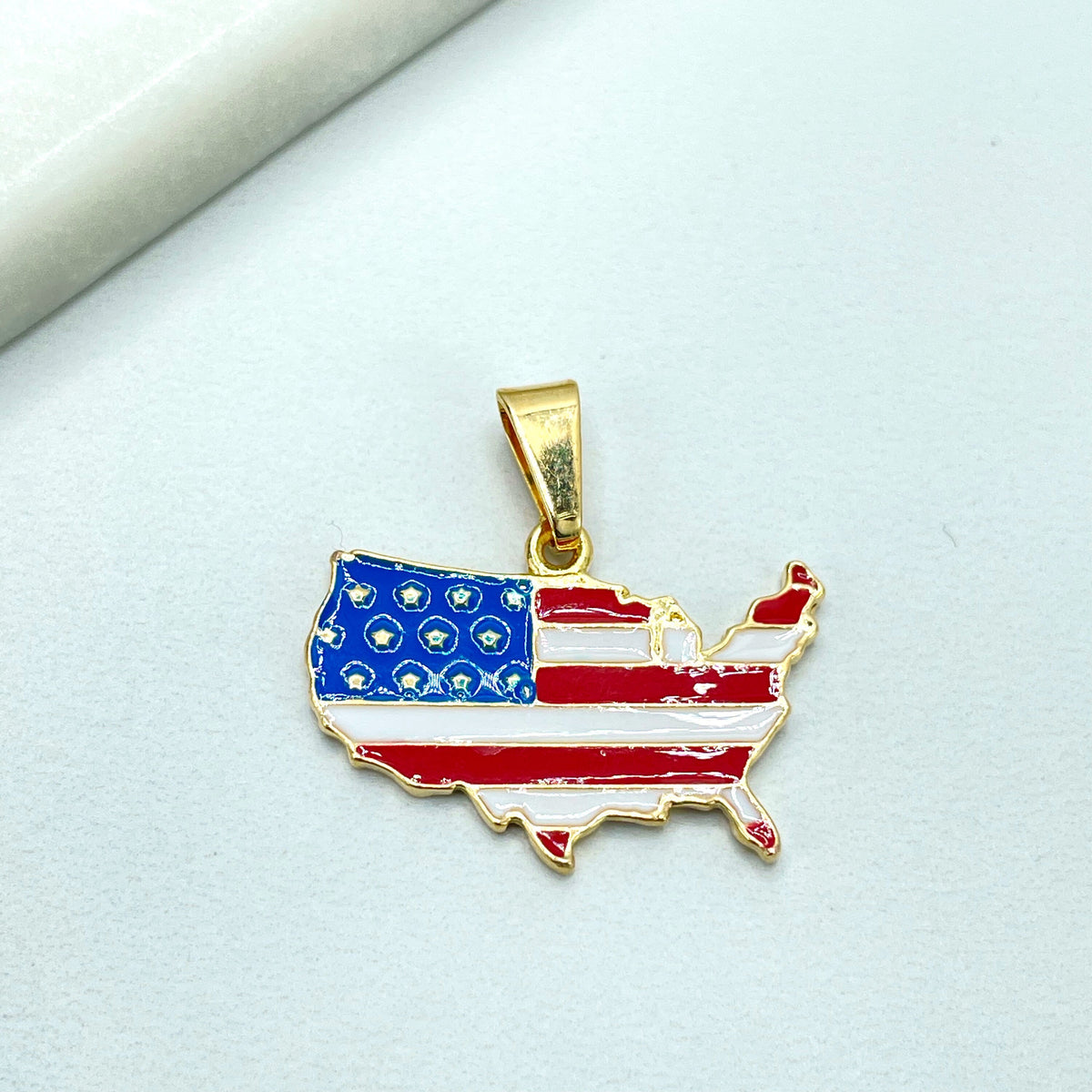 18k Gold Filled USA Flag Map Shape Charm with Red, White & Blue Enamel, USA American Territory Charm Pendant, Wholesale Jewelry Supplies