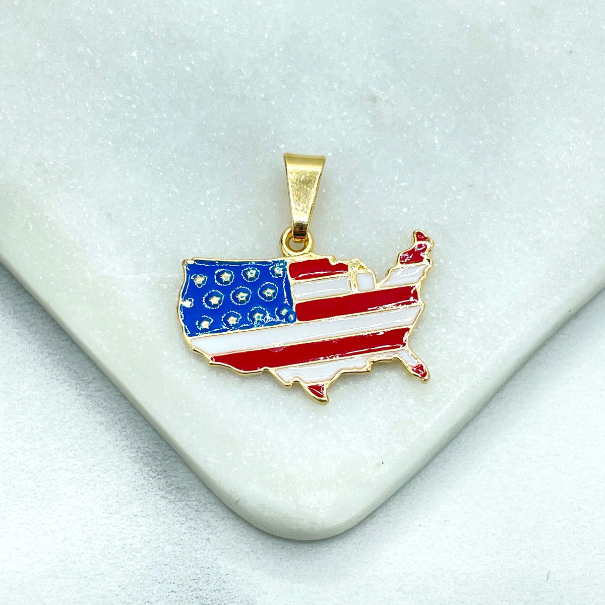 18k Gold Filled USA Flag Map Shape Charm with Red, White & Blue Enamel, USA American Territory Charm Pendant, Wholesale Jewelry Supplies