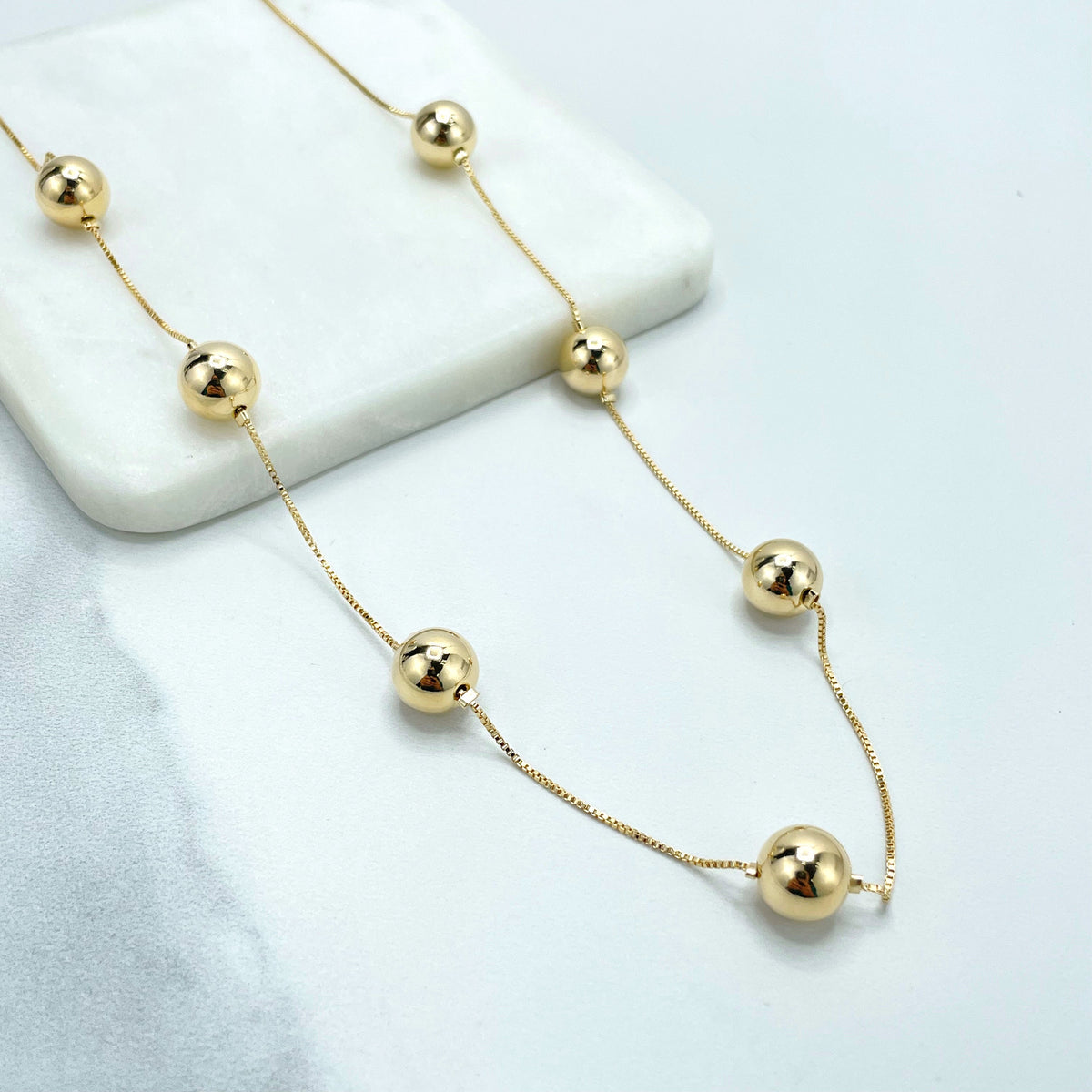 18k Gold Filled 1mm Box Chain & 10mm Gold Beads Linked Chain Necklace or Bracelet, Buy as SET or separately, Wholesale Jewelry Supplies