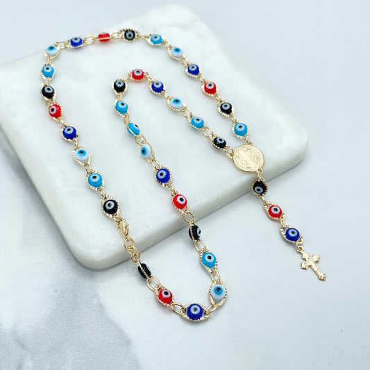 18k Gold Filled Colored Colorful Evil Eyes Linked Rosary, Saint Benedict, San Benito Charm, Religious & Protective Jewel, Wholesale Jewelry