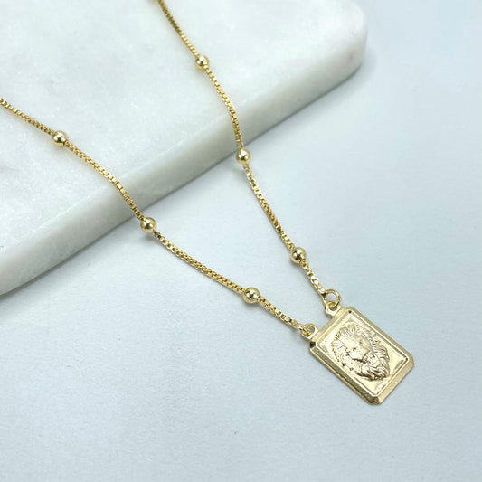 18k Gold Filled 1mm Satellite Chain and Rectangular Medal Puffed Lion Head Charm Necklace, Wholesale Jewelry Making Supplies