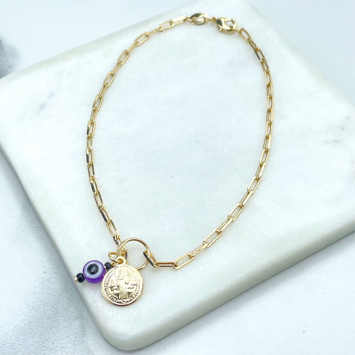 18k Gold Filled 2mm Paperclip Chain, Dangle Multicolor Evil Eye & Saint Benedict, San Benito Coin Charm Anklet, Wholesale Jewelry Supplies