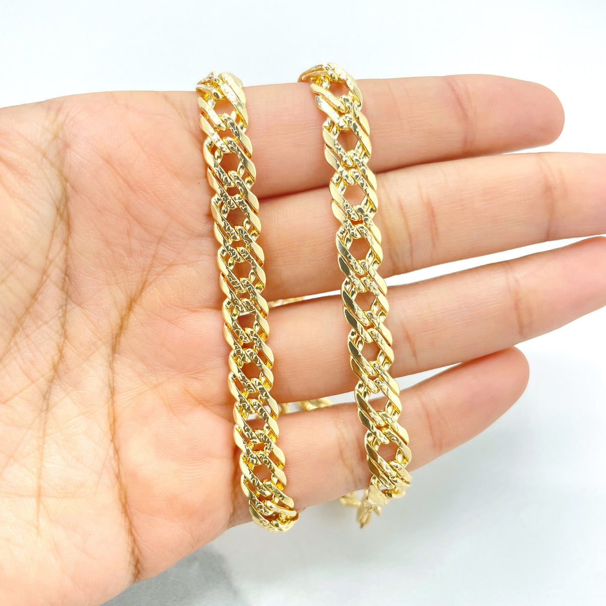 18k Gold Filled 8mm Double Layered Cuban Link Chain Flat with Diamond Cut Necklace & Bracelet, Buy as a Set, Wholesale Jewelry Supplies