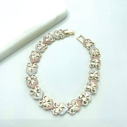 18k Gold Filled Three Tone (Gold, Silver Rose Gold) Hearts Strawberries Shape Linked Chain Bracelet, Wholesale Jewelry Making Supplies