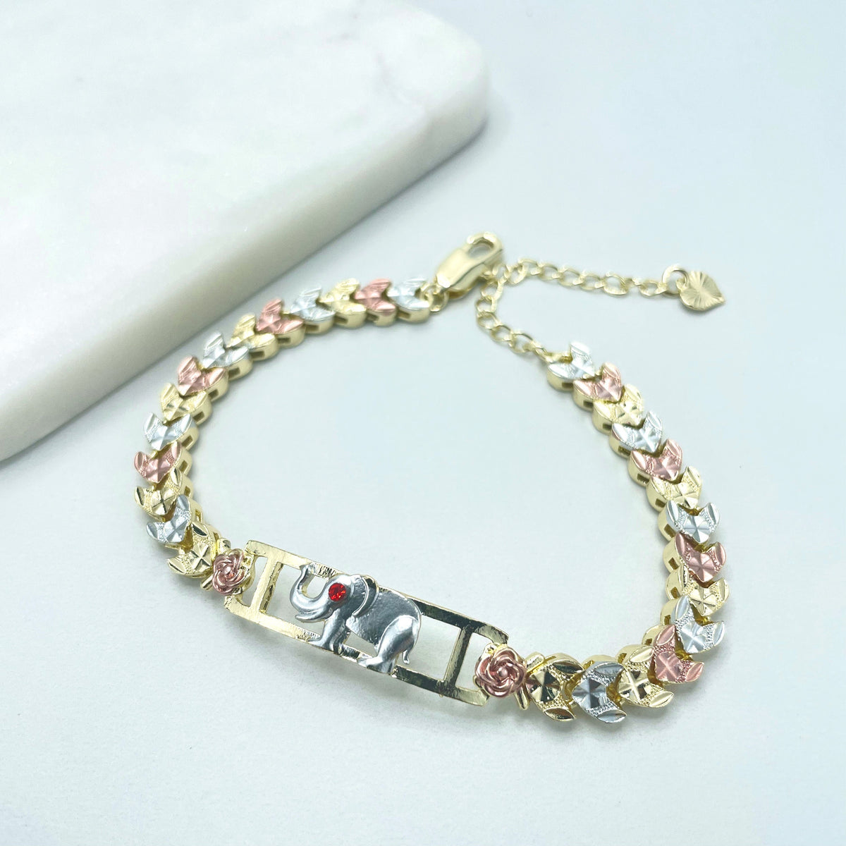 18k Gold Filled Three Tone (Gold, Silver Rose Gold) Roses & Hearts Linked Chain with Elephant ID Charm Bracelet, Wholesale Jewelry Supplies