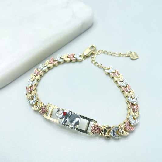 18k Gold Filled Three Tone (Gold, Silver Rose Gold) Roses & Hearts Linked Chain with Elephant ID Charm Bracelet, Wholesale Jewelry Supplies