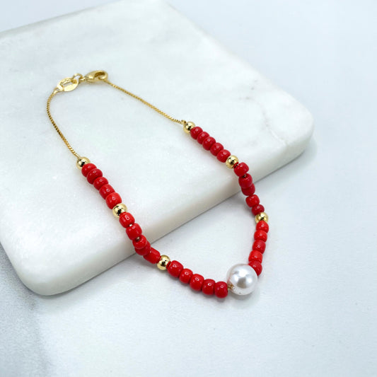 18k Gold Filled 1mm Snake Chain with Red Beads, Gold Beads & Simulated Pearl Beaded Bracelet, Wholesale jewelry Making Supplies
