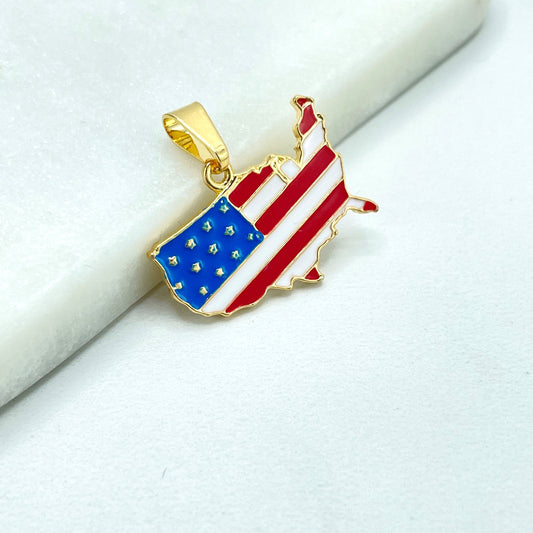 18k Gold Filled USA Flag Map Shape Charm with Red, White & Blue Enamel, USA American Territory Charm Pendant, Wholesale Jewelry Supplies