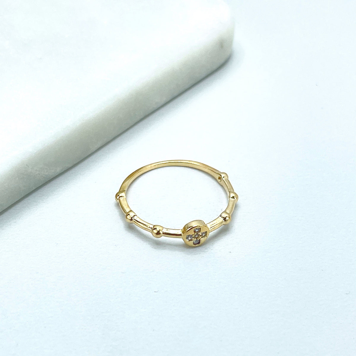 18k Gold Filled 1mm Band Cubic Zirconia Cross on Top Ring, Wholesale Jewelry Making Supplies
