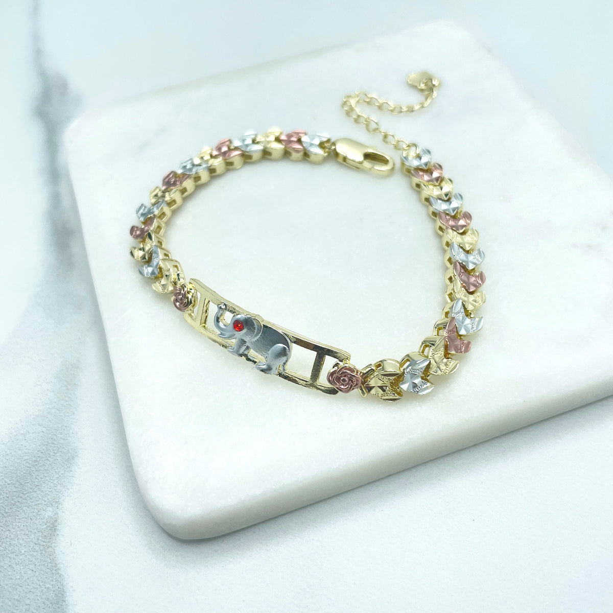 18k Gold Filled Three Tone (Gold, Silver Rose Gold) Roses & Hearts Linked Chain with Elephant ID Charm Bracelet, Wholesale Jewelry Supplies