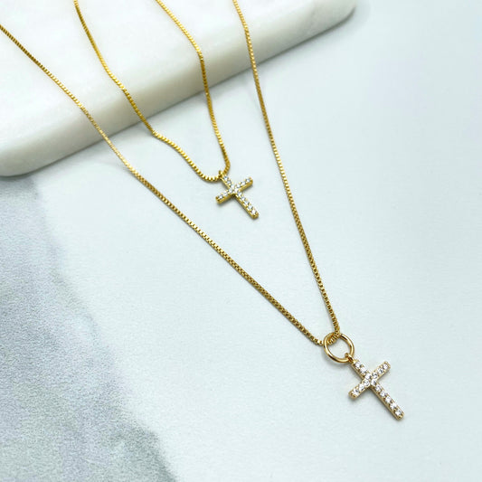 18k Gold Filled 1mm Box Chain with Petite Cubic Zirconia Cross Shape Charm Necklace or Bracelet, Buy as a Set, Wholesale Jewelry Supplies