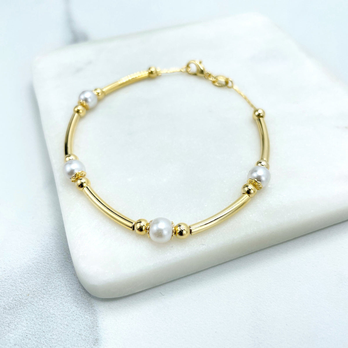 18k Gold Filled Simulated Pearls, Gold Beads & Gold Tubular Linked Bracelet, Wholesale Jewelry Making Supplies