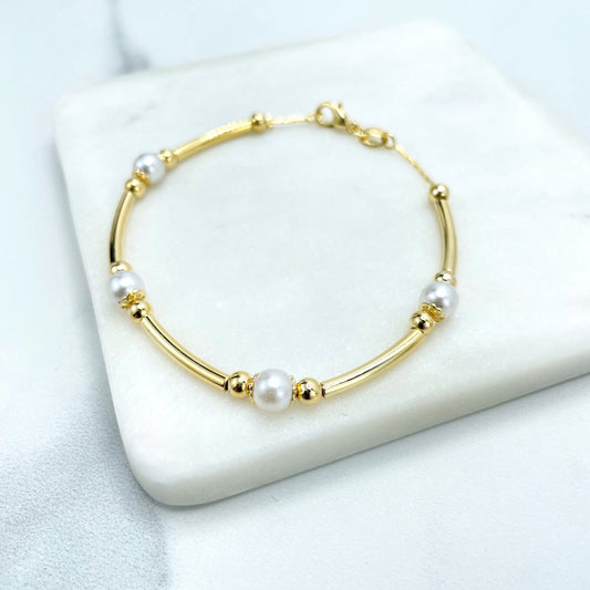 18k Gold Filled Simulated Pearls, Gold Beads & Gold Tubular Linked Bracelet, Wholesale Jewelry Making Supplies