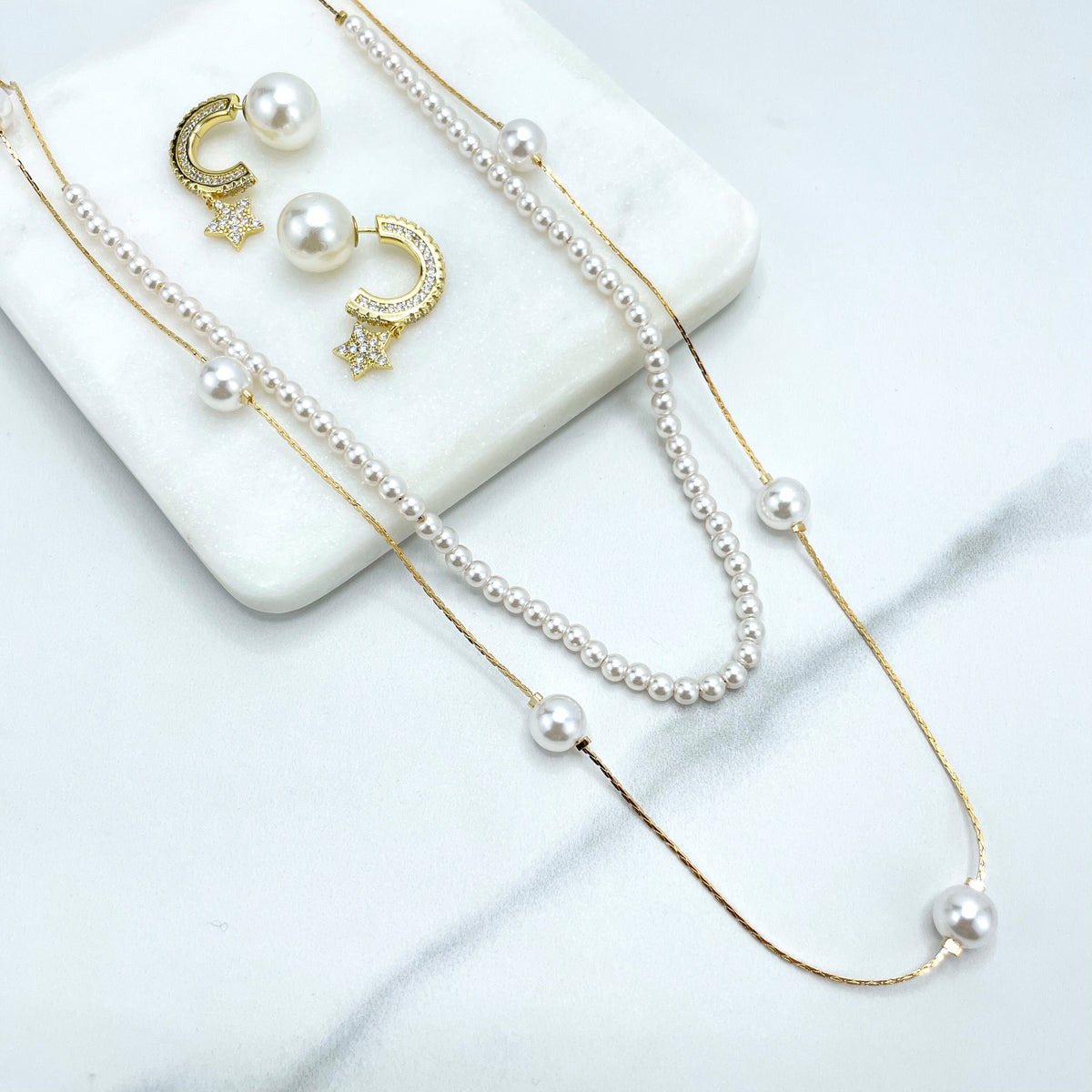 18k Gold Filled Simulated Pearls Double Necklace or Pearl CZ Star Ear Climber Design, Front Back Stud Earrings, Wholesale Jewelry Supplies