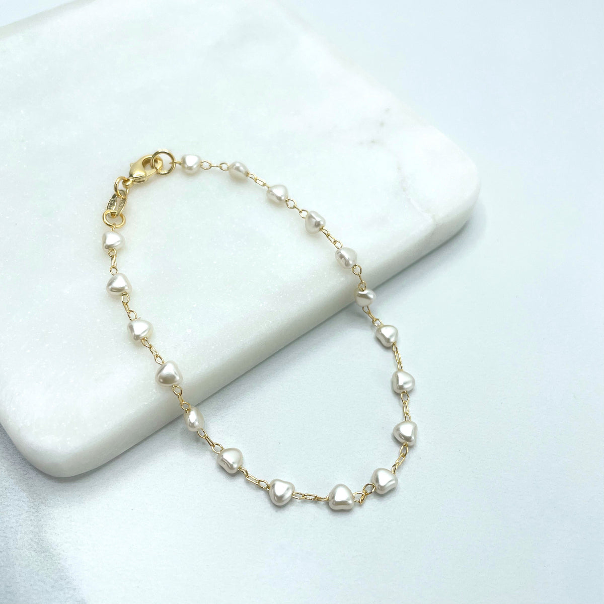 18k Gold Filled 4mm Simulated Heart Shape Pearl Linked Bracelet, Wholesale Delicate Jewelry Making Supplies