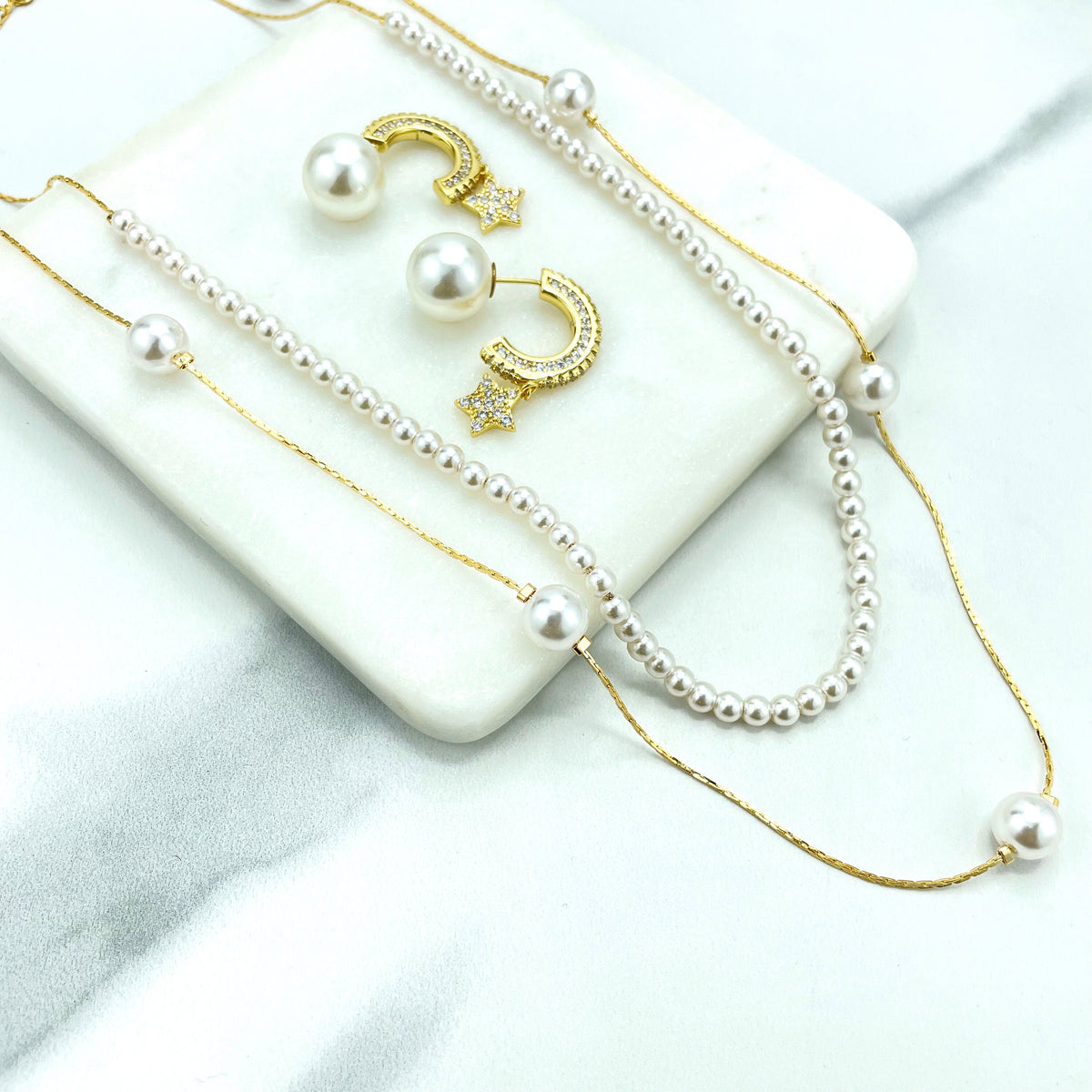 18k Gold Filled Simulated Pearls Double Necklace or Pearl CZ Star Ear Climber Design, Front Back Stud Earrings, Wholesale Jewelry Supplies