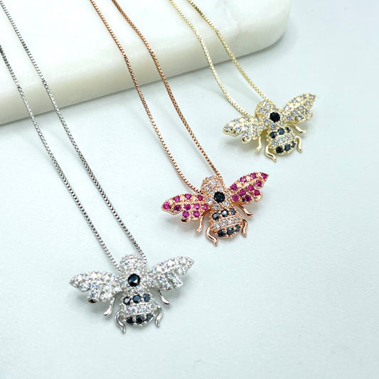 18k Rose Gold Filled With Zirconia Bee Charm 18 inches Necklace and Earrings For Wholesale And Jewelry Supplies