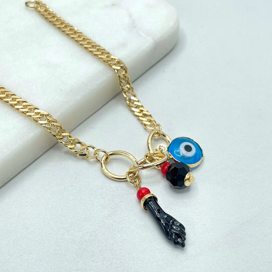 18k Gold Filled 4mm Curb Link, Black Figa Hand, Blue Evil Eye, Simulated Azabache Charms Bracelet, Wholesale Jewelry Making Supplies