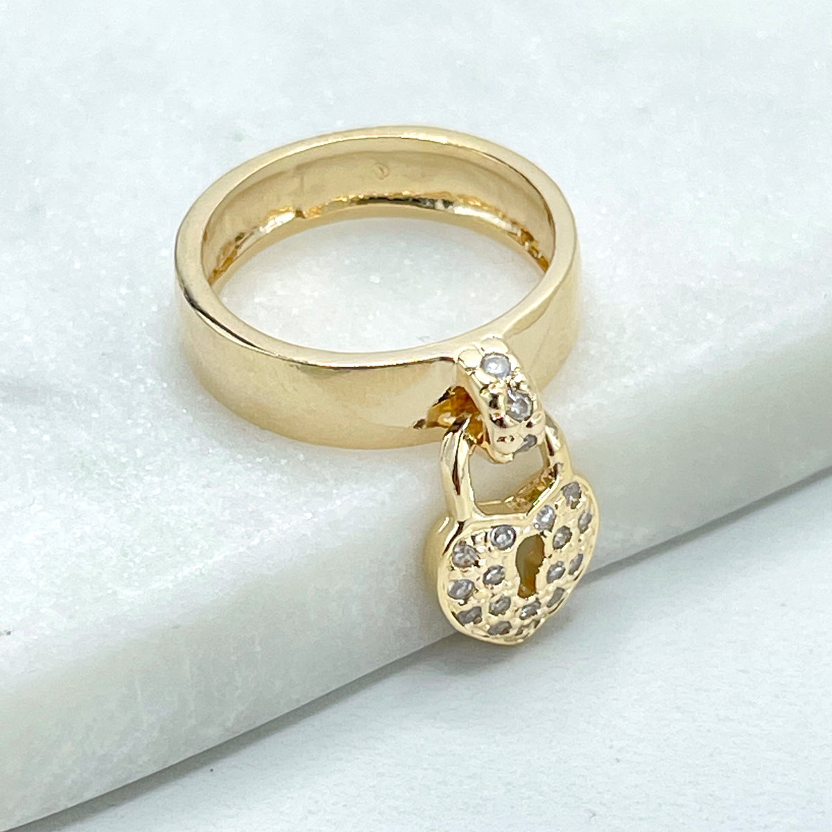 18k Gold Filled Clear Cubic Zirconia Dangle Heart Shape Lock Charm Ring, Wholesale Jewelry Making Supplies