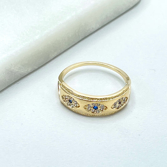 18k Gold Filled Micro Cubic Zirconia Clear and Blue Evil Eye Cubic Zirconia Shape Cutout Sides Ring , Wholesale Jewelry Making Supplies
