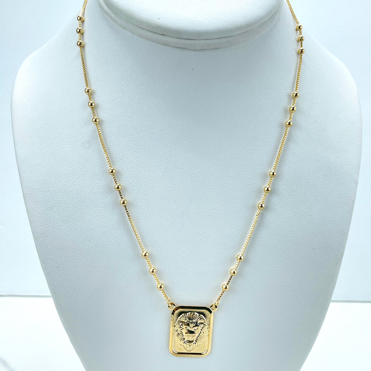 18k Gold Filled 1mm Box Chain with Gold Beads and Rectangular Medal & Puffed Lion Head Charm Necklace, Wholesale Jewelry Making Supplies